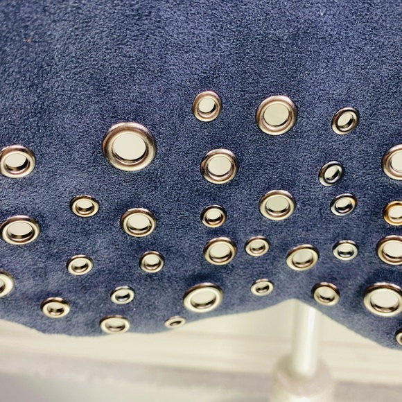 NWT Sugar + Lips Navy Faux Suede Dress Pewter Grommet Hem Fit & Flair Size Small - Picture 13 of 16